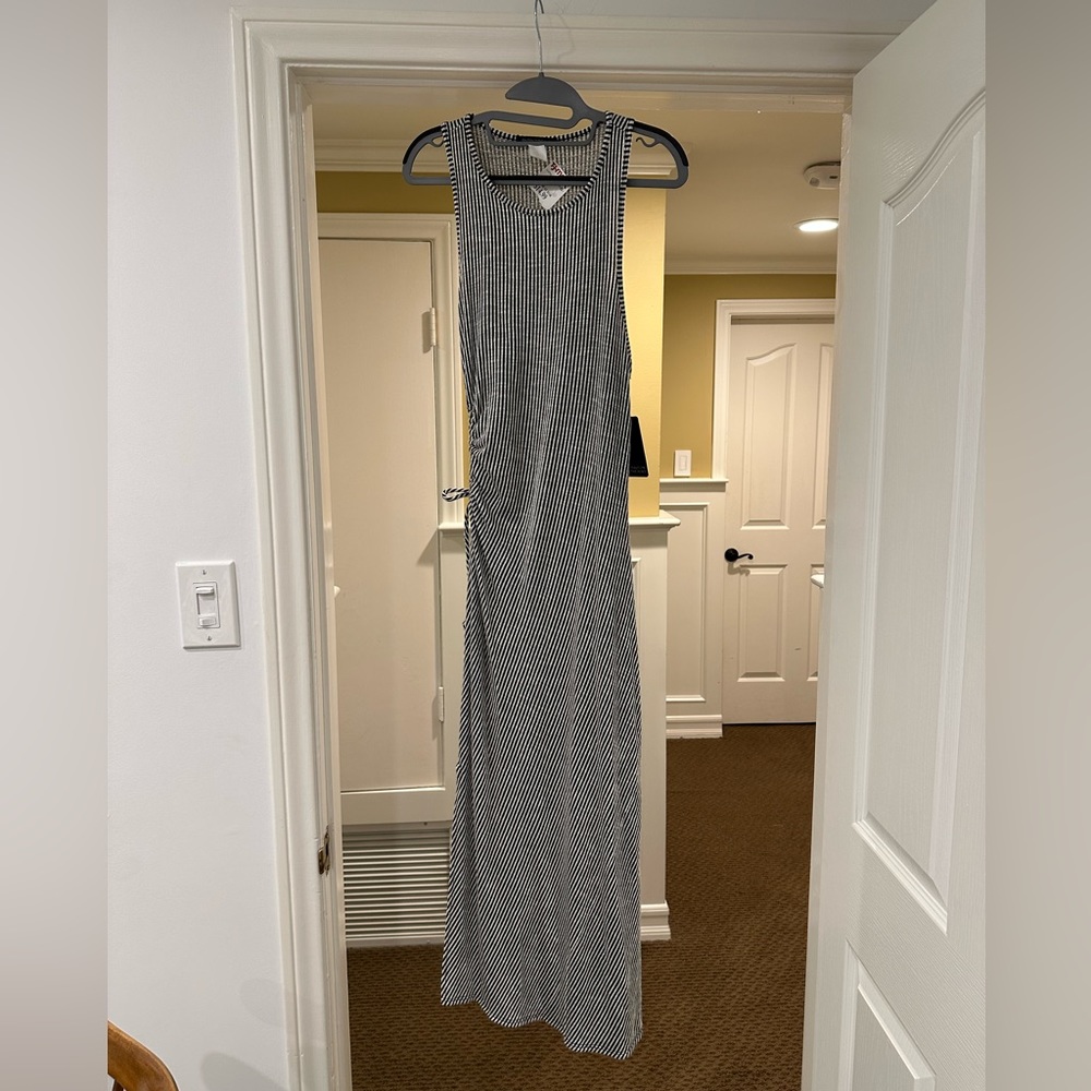 Black and white striped midi dress with cutout
